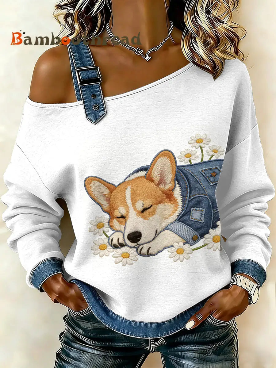 Women’s Vintage Dog Patchwork Print Casual Off-Shoulder Sweatshirt As picture / S