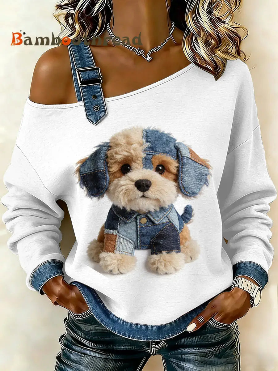 Women’s Vintage Dog Patchwork Print Casual Off-Shoulder Sweatshirt As picture / S