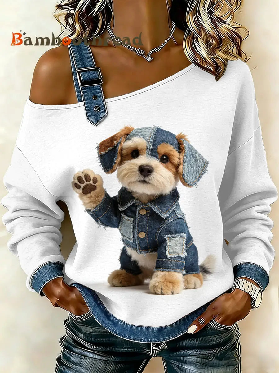 Women’s Vintage Dog Patchwork Print Casual Off-Shoulder Sweatshirt As picture / S