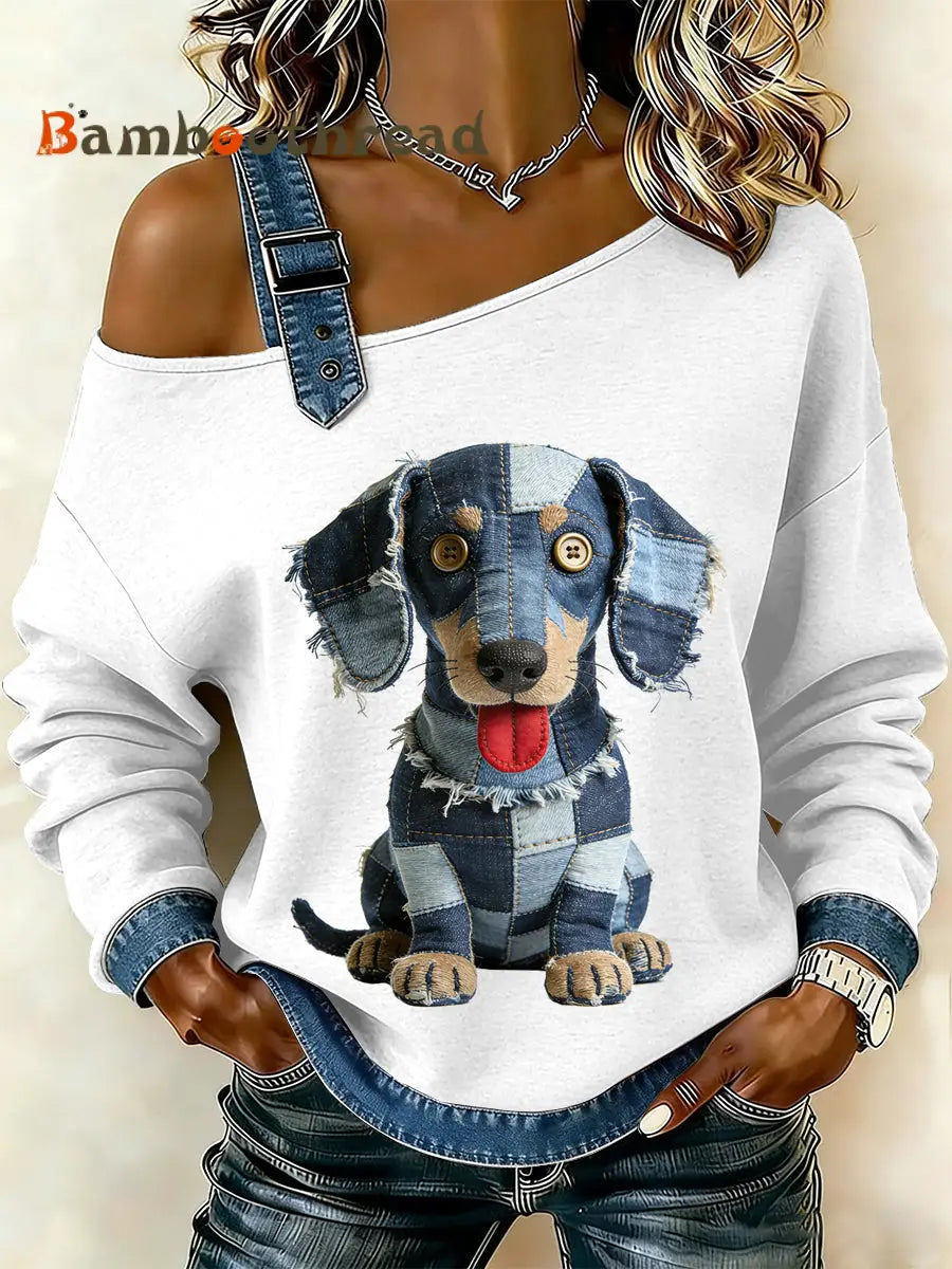 Women’s Vintage Dog Patchwork Print Casual Off-Shoulder Sweatshirt As picture / S