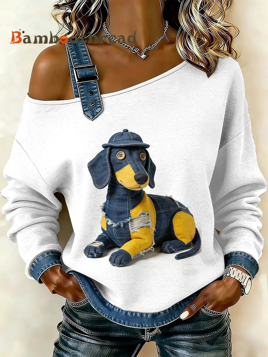 Women’s Vintage Dog Patchwork Print Casual Off-Shoulder Sweatshirt As picture / S