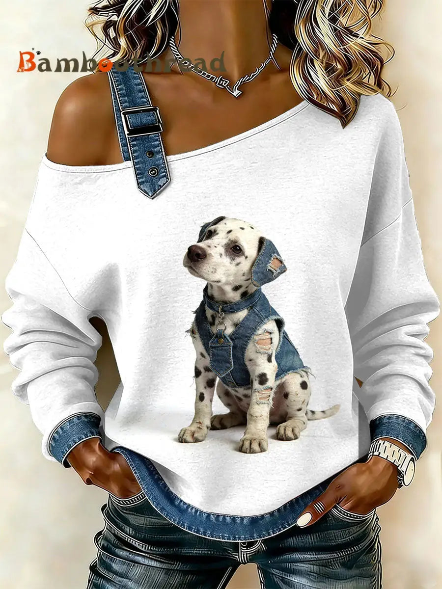 Women’s Vintage Dog’s Patchwork Print Casual Off-Shoulder Sweatshirt As picture / S