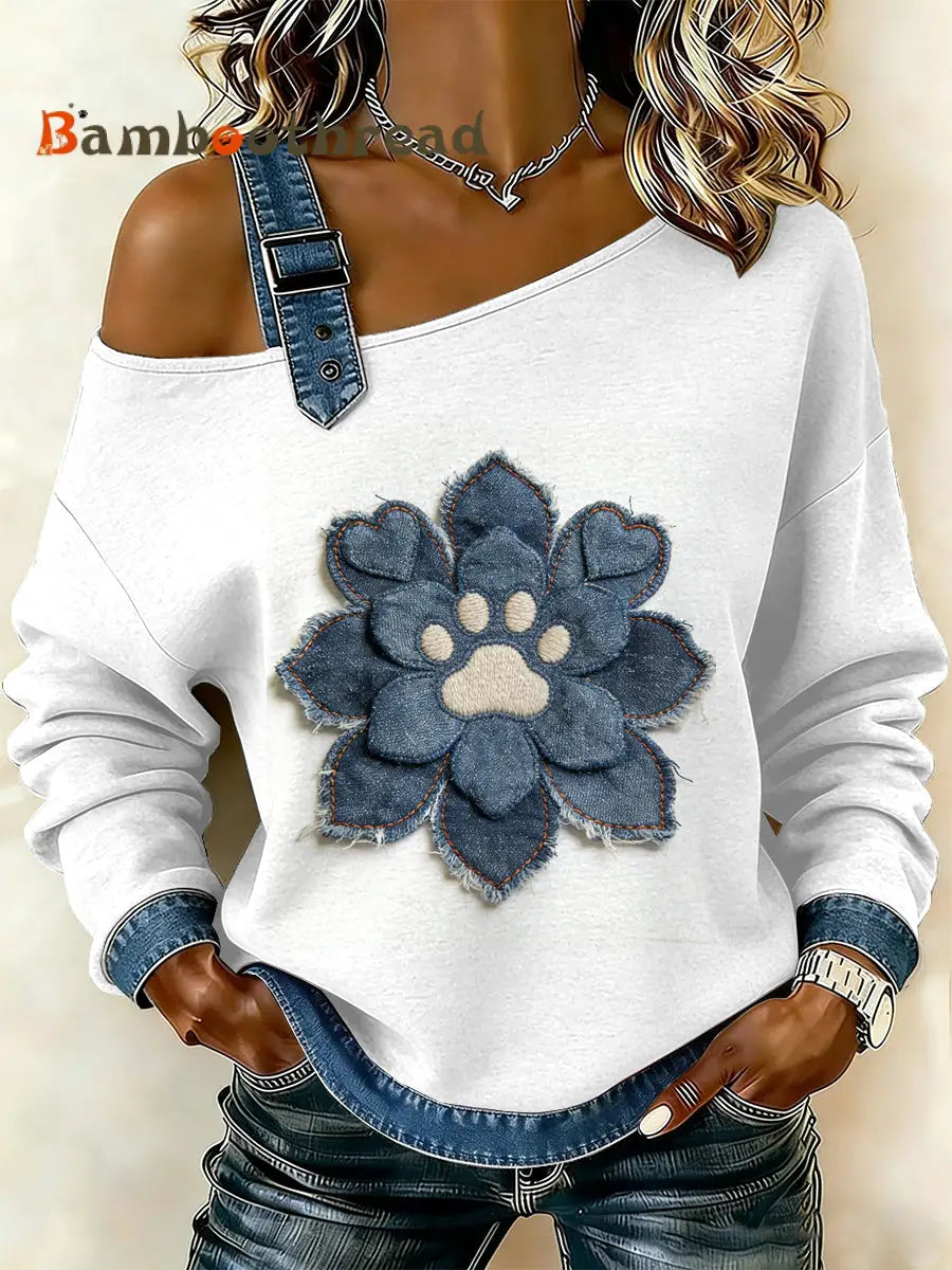 Women’s Vintage Dog’s Paw Patchwork Print Casual Off-Shoulder Sweatshirt As picture / S