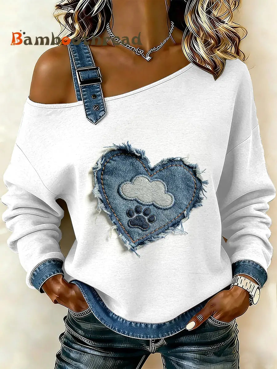 Women’s Vintage Dog’s Paw Patchwork Print Casual Off-Shoulder Sweatshirt As picture / S