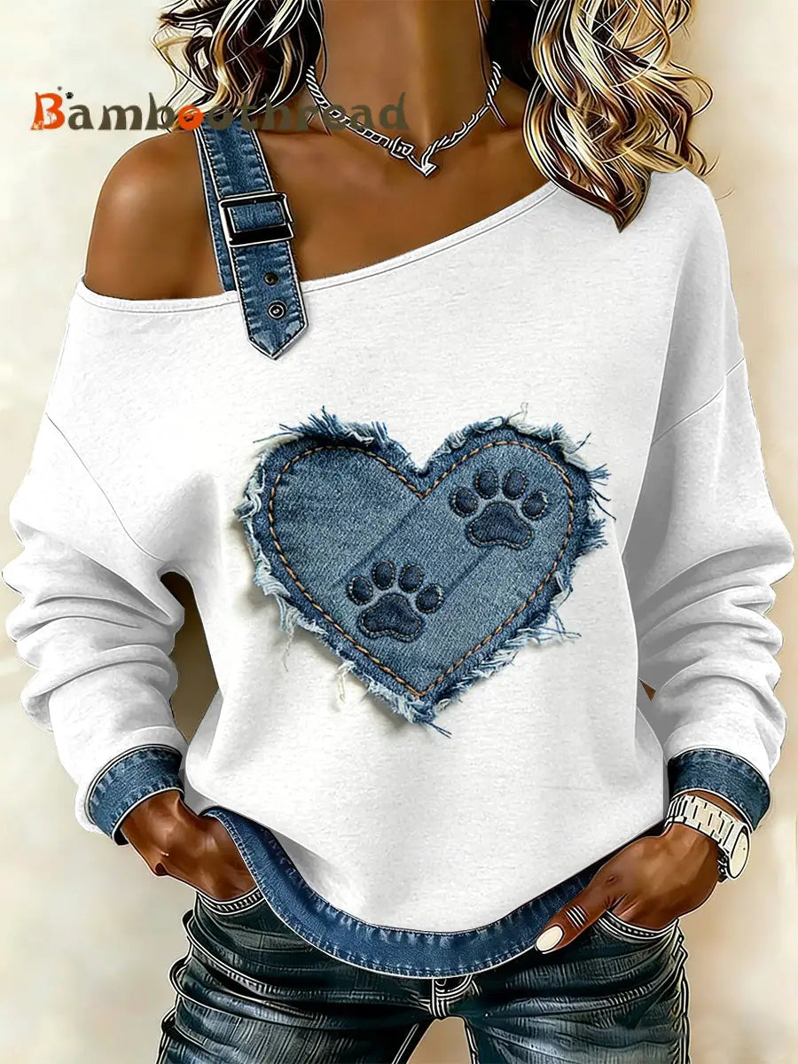 Women’s Vintage Dog’s Paw Patchwork Print Casual Off-Shoulder Sweatshirt As picture / S