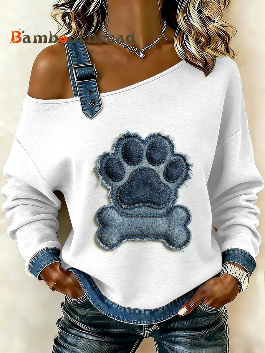 Women’s Vintage Dog’s Paw Patchwork Print Casual Off-Shoulder Sweatshirt As picture / S