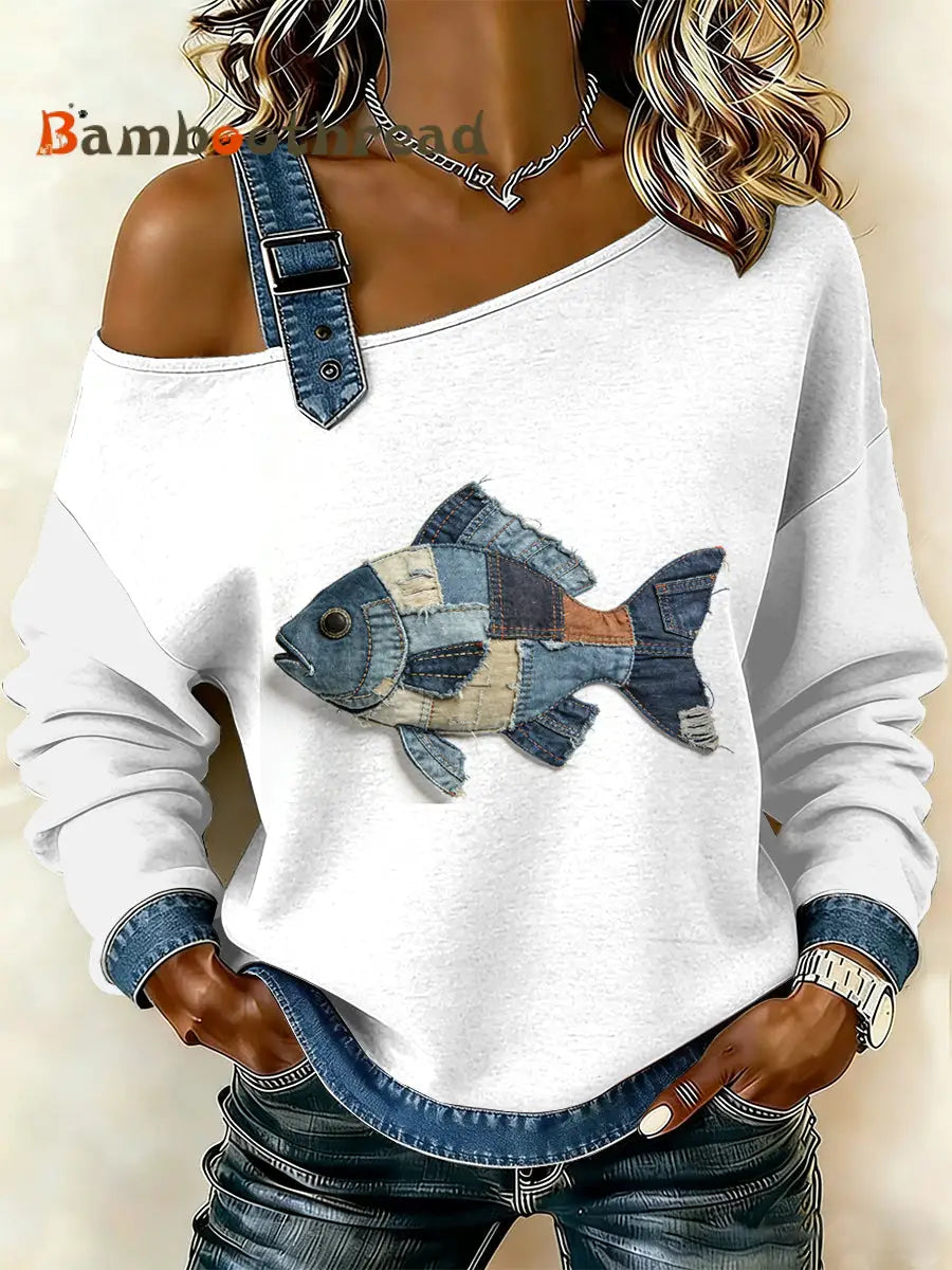 Women’s Vintage Fish Patchwork Print Casual Off-Shoulder Sweatshirt As picture / S