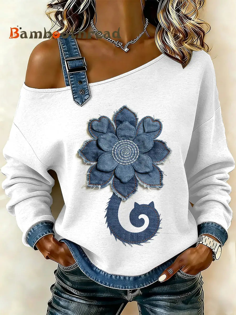 Women’s Vintage Flower Cat Patchwork Print Casual Off-Shoulder Sweatshirt As picture / S