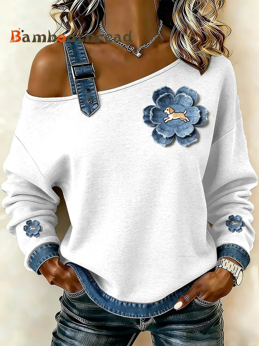 Women’s Vintage Flower Dog Patchwork Print Casual Off-Shoulder Sweatshirt As picture / S