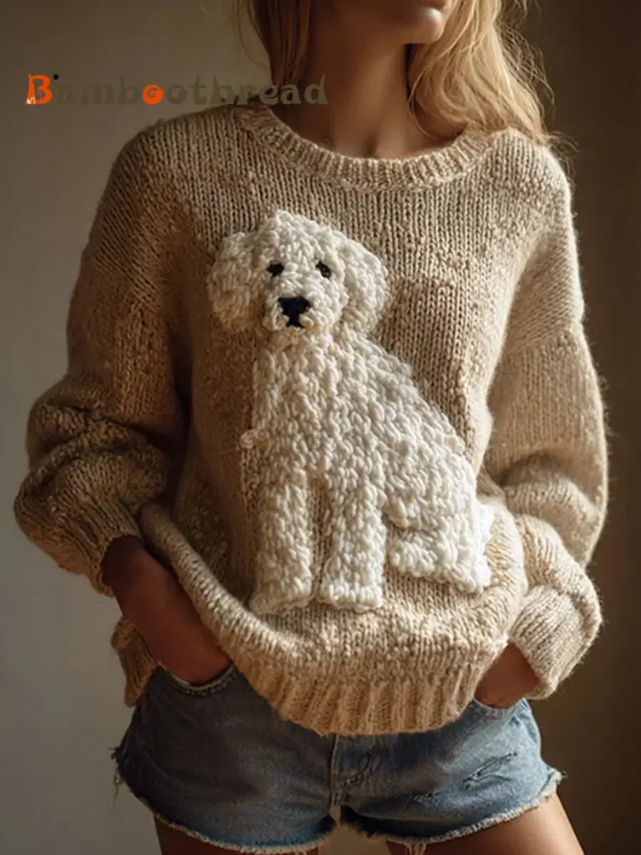 Women’s Vintage Fuzzy Dog Felt Cozy Knit Sweater As picture / S