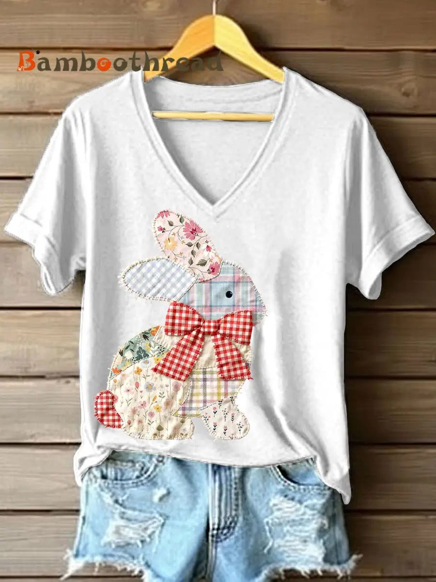 Women’s Vintage Patchwork Bunny Pattern V-Neck T-Shirt White / S