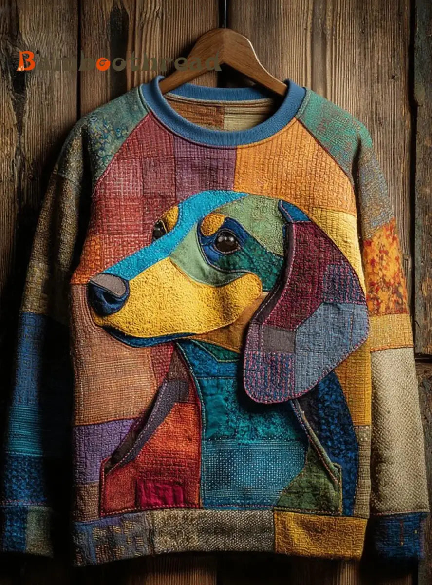Women’s Vintage Patchwork Dog Art Print Casual Sweatshirt As picture / S