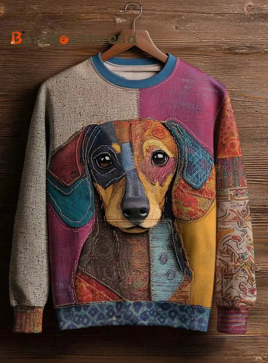 Women’s Vintage Patchwork Dog Art Print Casual Sweatshirt As picture / S