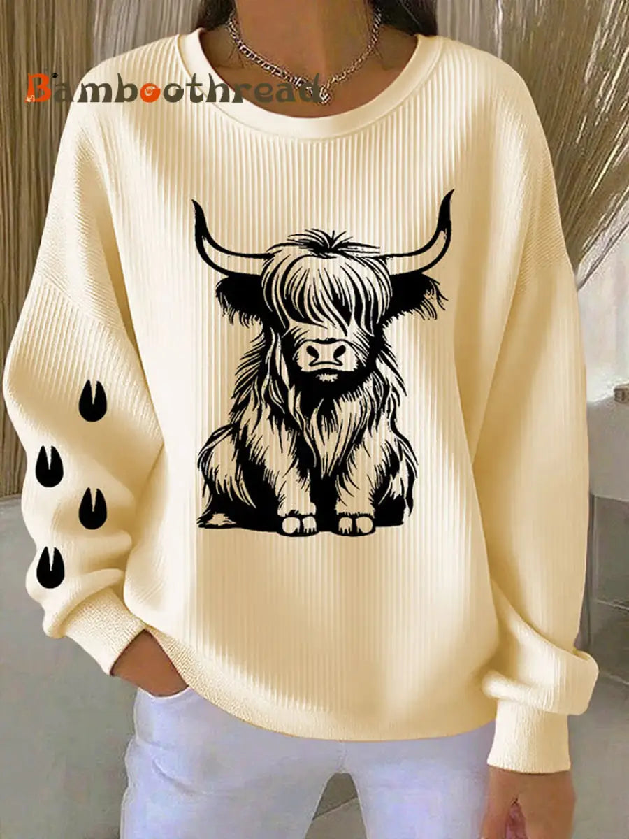 Women’s West Highland Cow Print Crew Neck Long Sleeve Sweats Beige / S