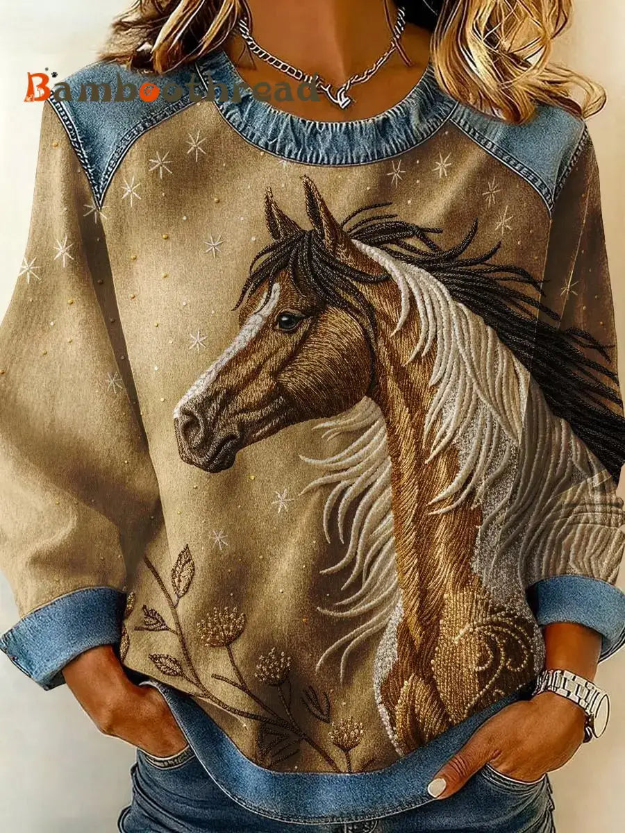 Women’s Western Horse Art Denim Patchwork Top As picture / S