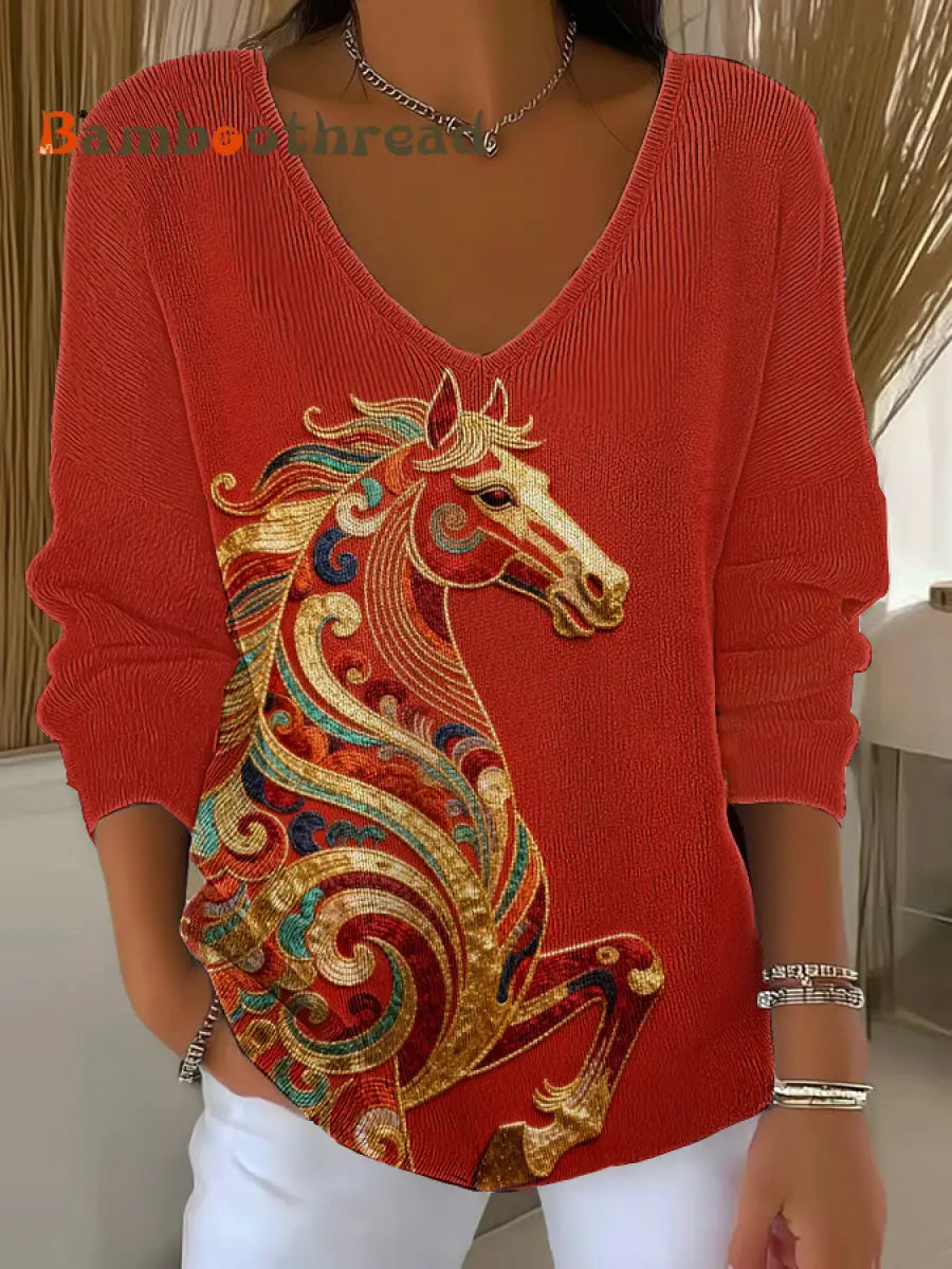 Women’s Western Red Horse V-Neck Ribbed Top Red / S
