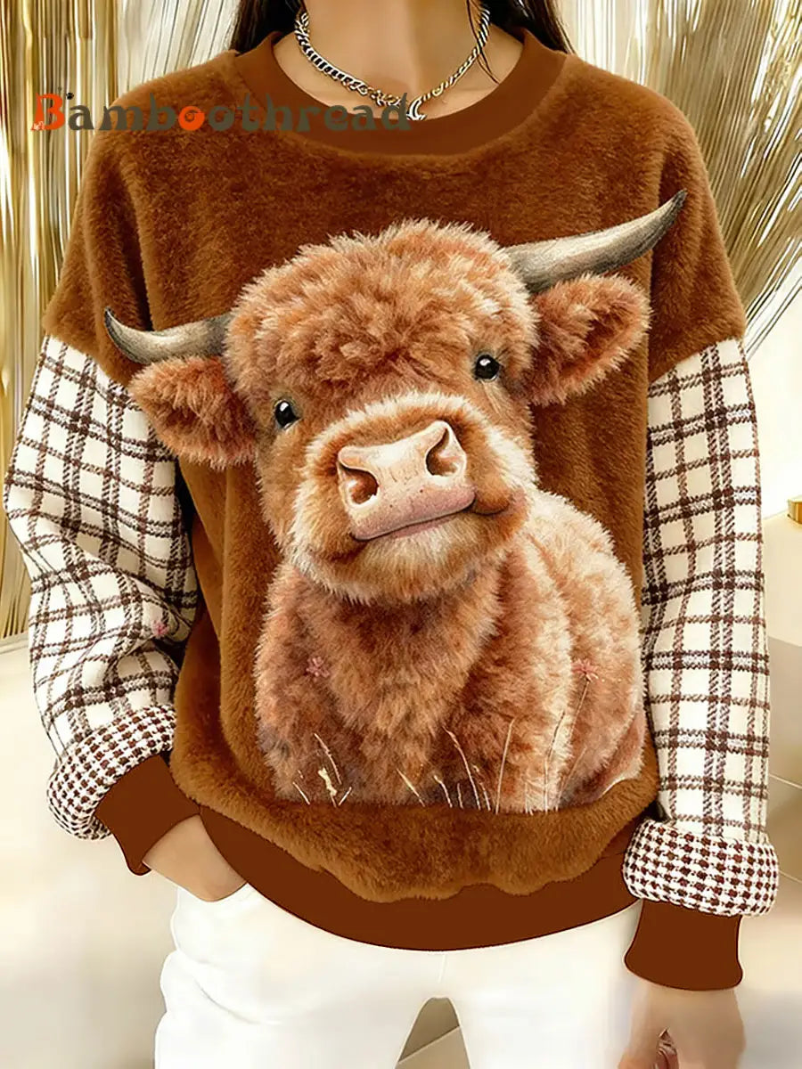 Women’s Winter Cute Highland Cow Flannel Hoodie As picture / S
