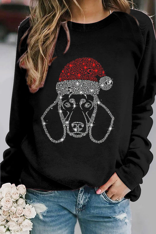 Women's Christmas Sausage Dog Printed Round Neck Raglan Sweatshirt