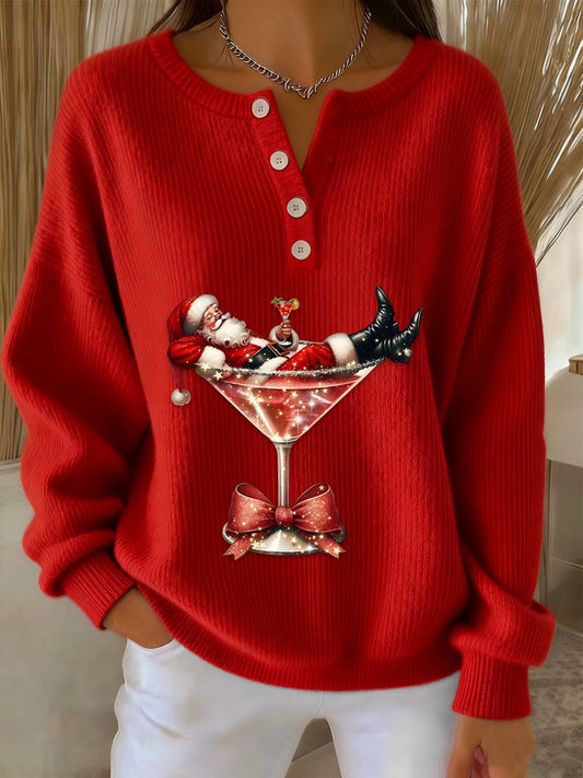 Women's Retro Faith The Santa Claus Cocktail Print Long-sleeve Sweater