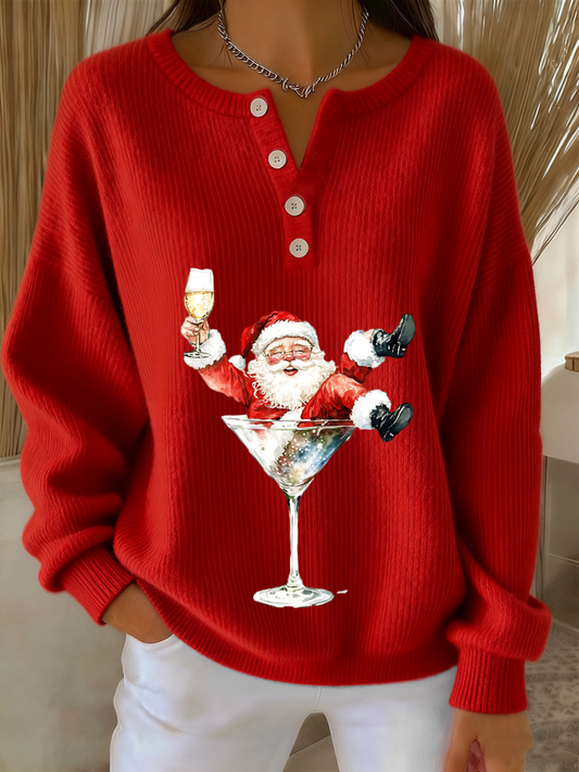 Women’s Retro Faith The Santa Claus Cocktail Print Long-sleeve Sweater Red / S
