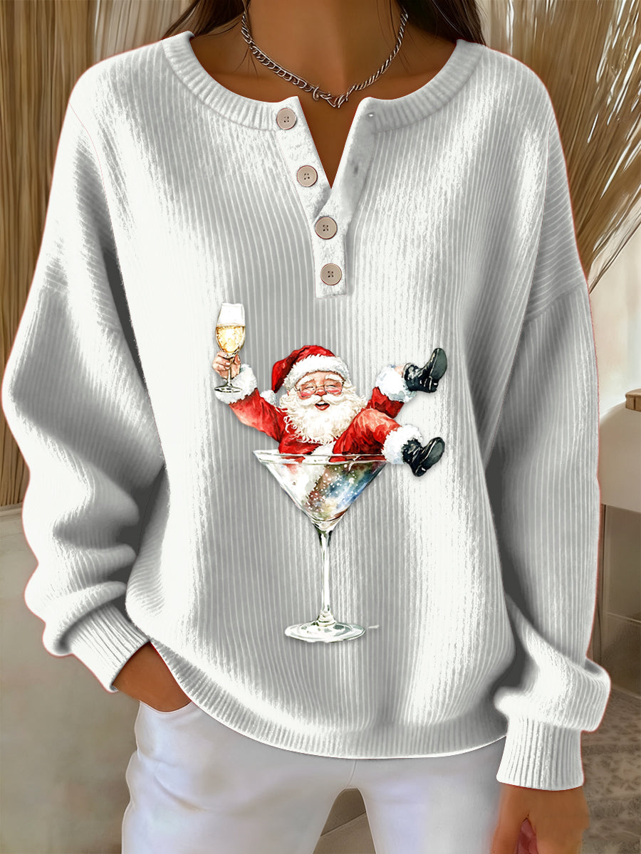 Women’s Retro Faith The Santa Claus Cocktail Print Long-sleeve Sweater White / S