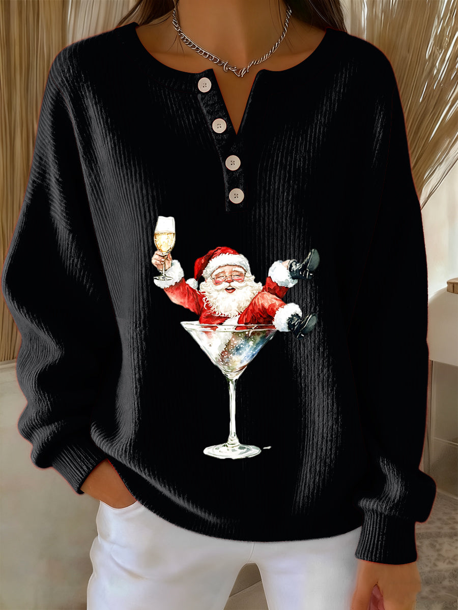 Women’s Retro Faith The Santa Claus Cocktail Print Long-sleeve Sweater Black / S