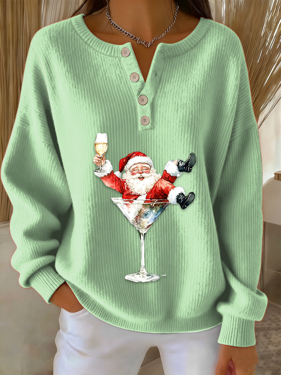Women’s Retro Faith The Santa Claus Cocktail Print Long-sleeve Sweater Light Green / S