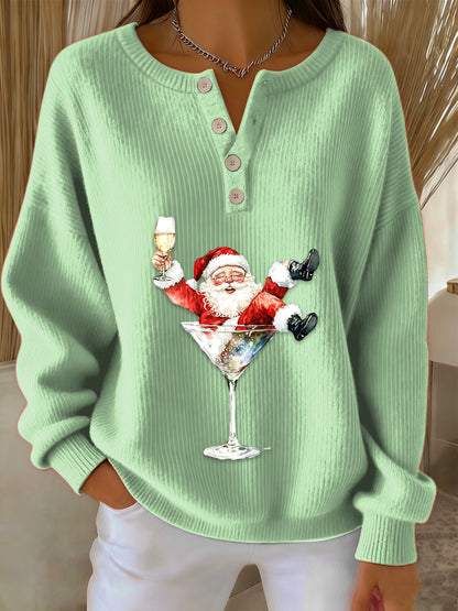 Women’s Retro Faith The Santa Claus Cocktail Print Long-sleeve Sweater Light Green / S