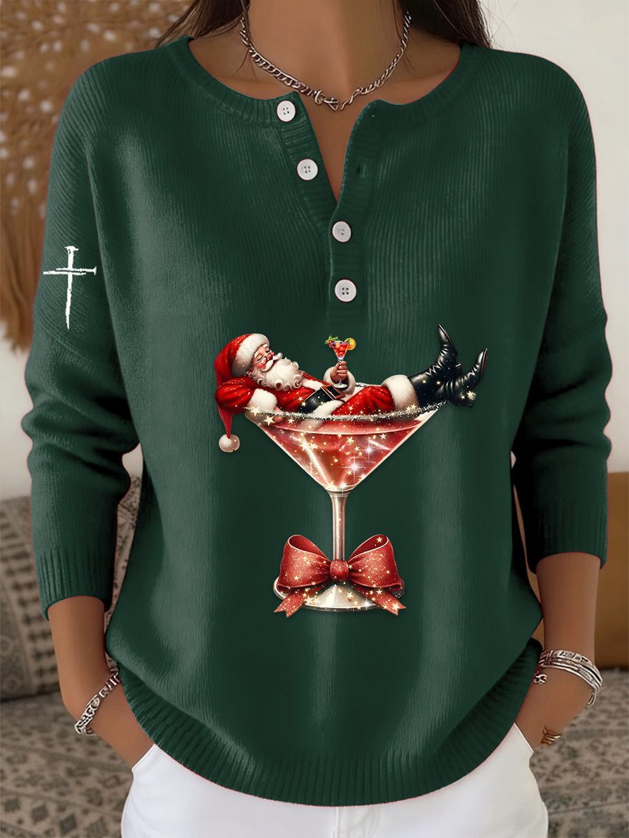 Women’s Retro Faith The Santa Claus Cocktail Print Long-sleeve Sweater Dark Green / S