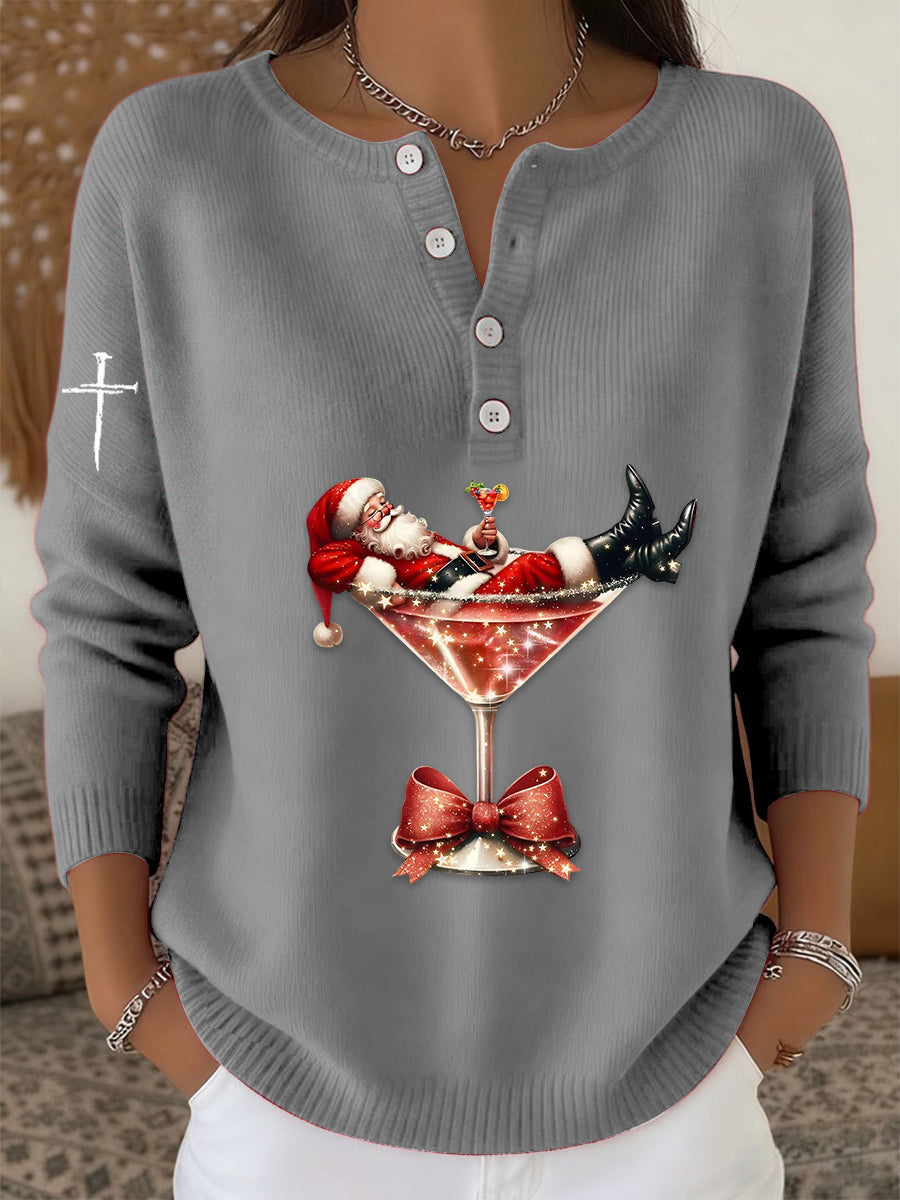 Women’s Retro Faith The Santa Claus Cocktail Print Long-sleeve Sweater Gray / S