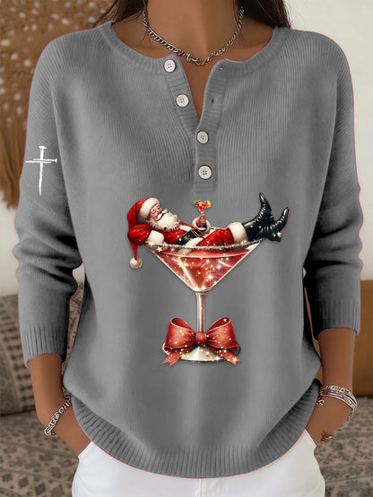 Women’s Retro Faith The Santa Claus Cocktail Print Long-sleeve Sweater Gray / S