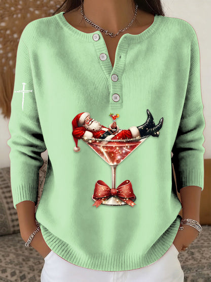 Women’s Retro Faith The Santa Claus Cocktail Print Long-sleeve Sweater Light Green / S