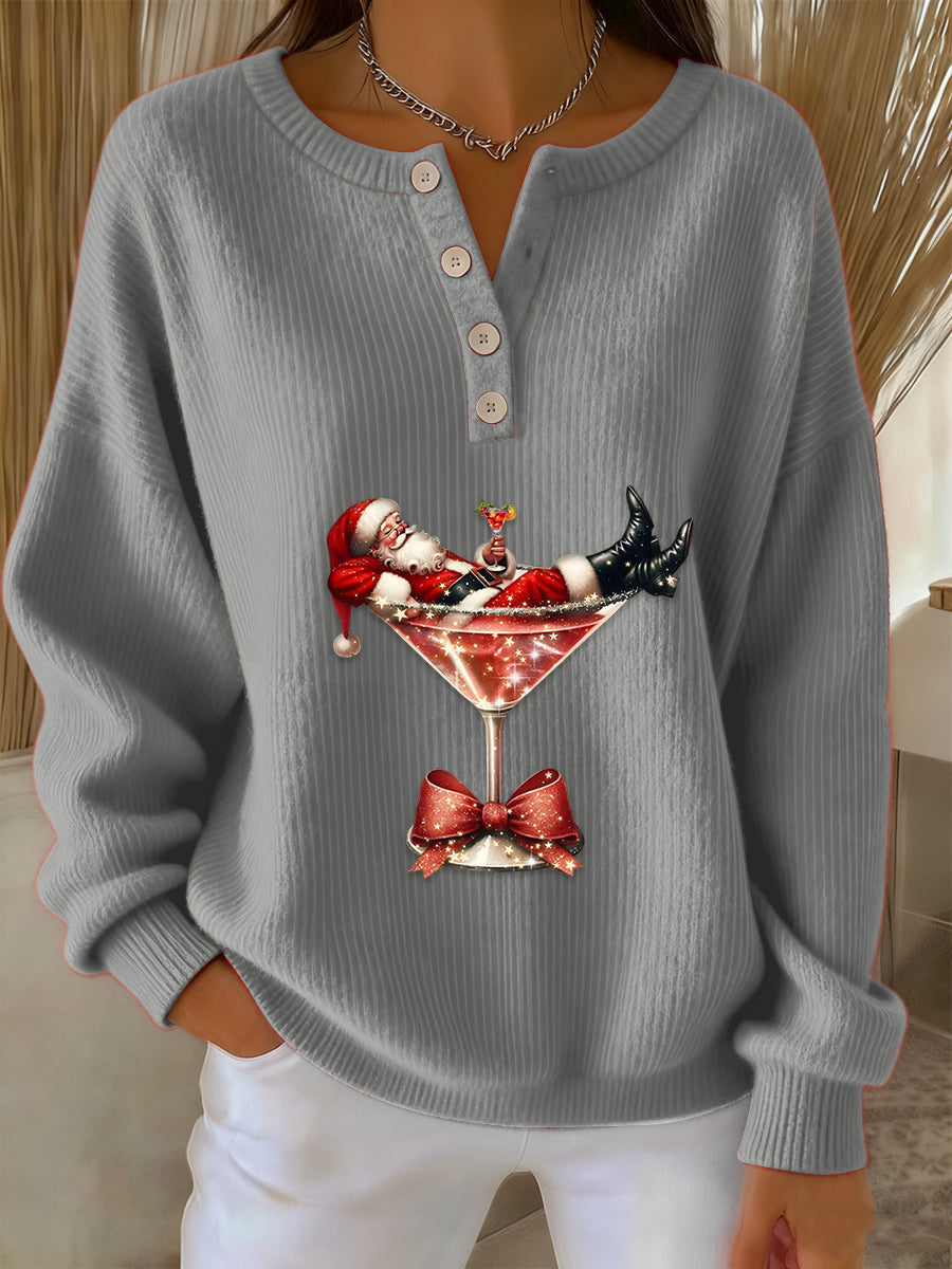 Women’s Retro Faith The Santa Claus Cocktail Print Long-sleeve Sweater Gray / S