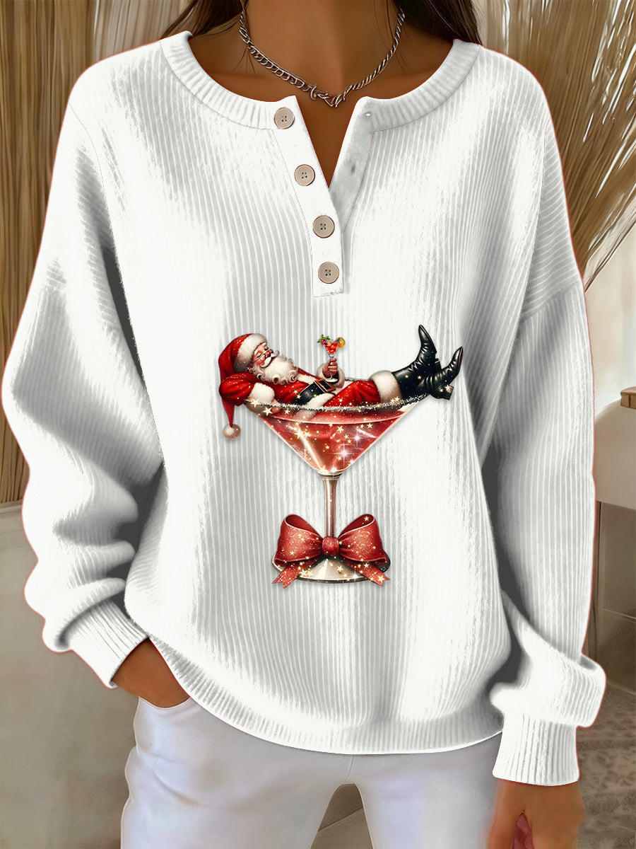 Women’s Retro Faith The Santa Claus Cocktail Print Long-sleeve Sweater White / S