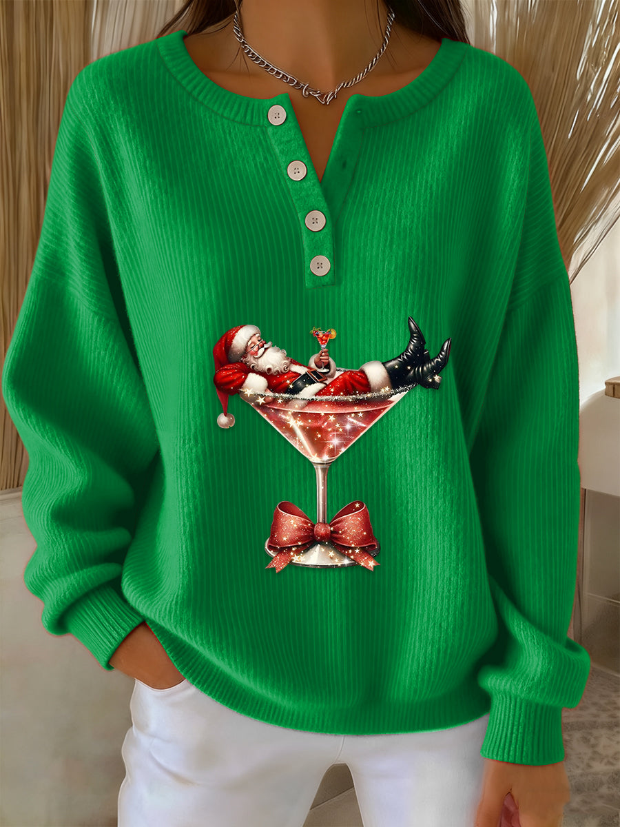 Women’s Retro Faith The Santa Claus Cocktail Print Long-sleeve Sweater Green / S
