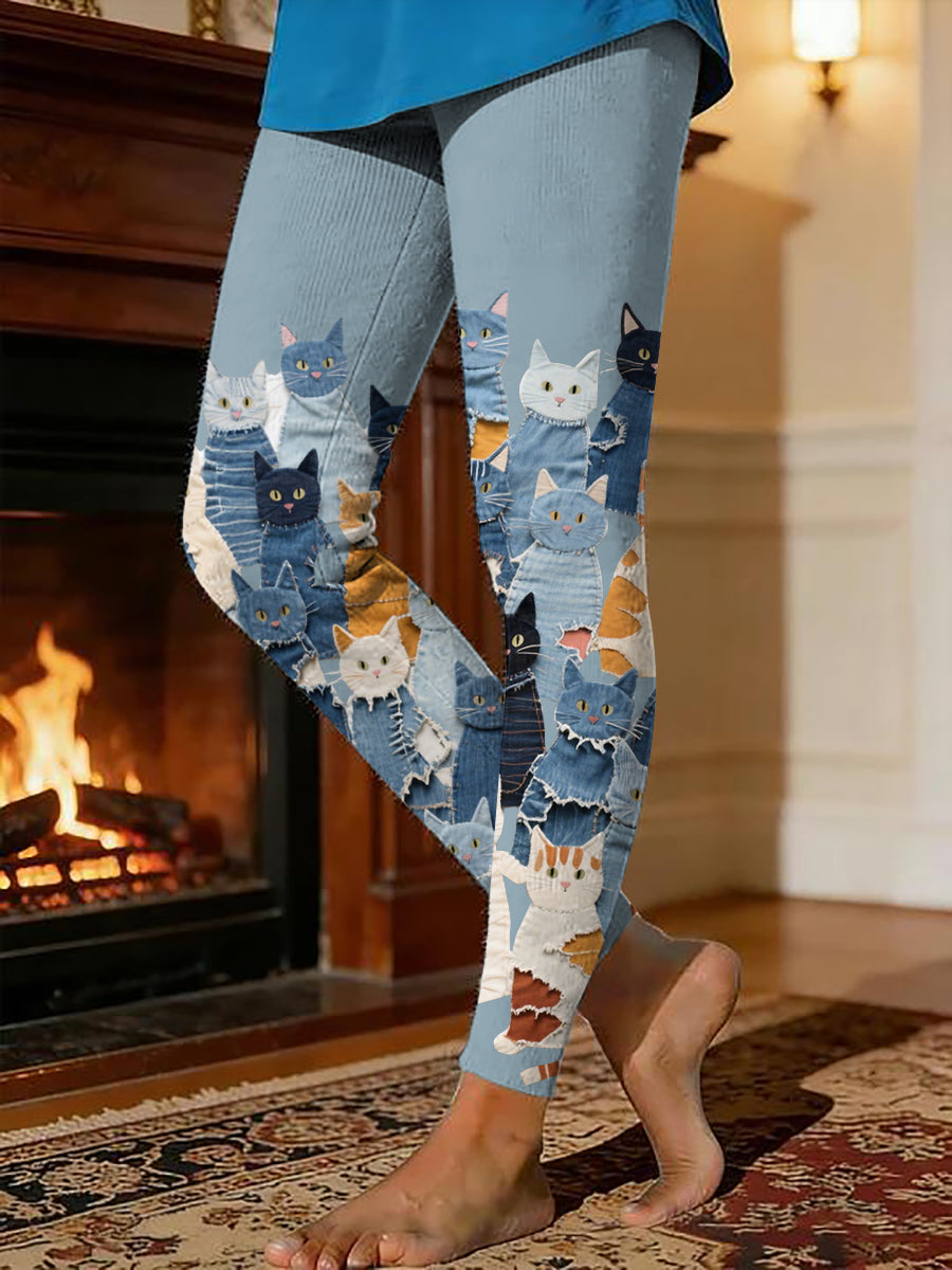 Women’s kitten print thermal fleece leggings Light Blue / S