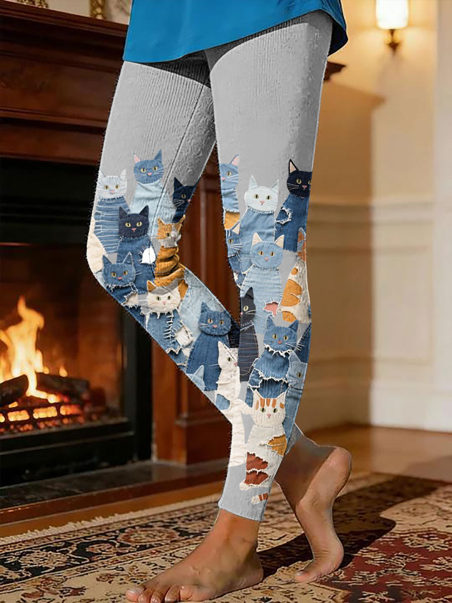 Women’s kitten print thermal fleece leggings Light Gray / S