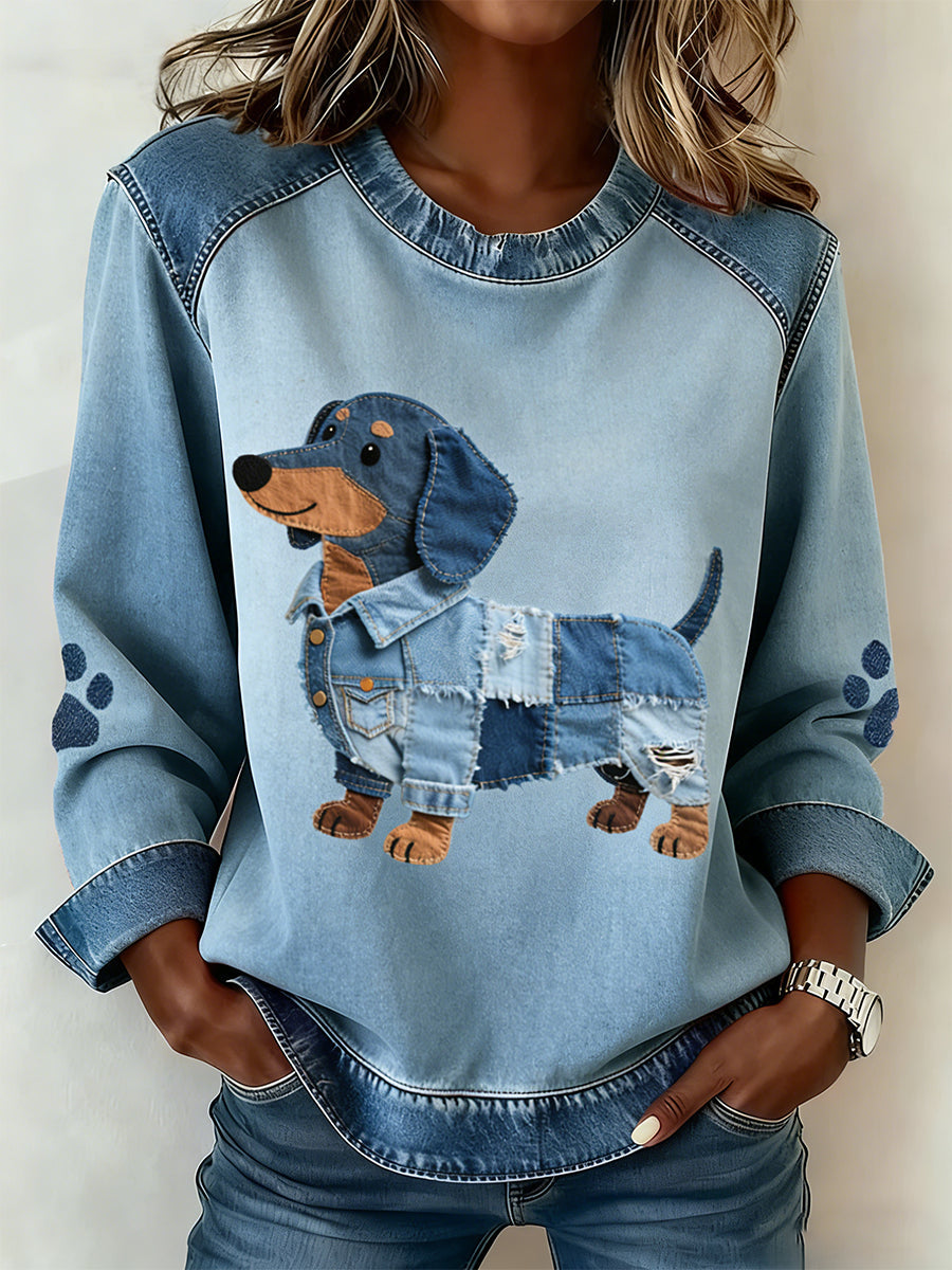 Women’s Dachshund Pattern Denim Patchwork Art Sweatshirt Blue / S