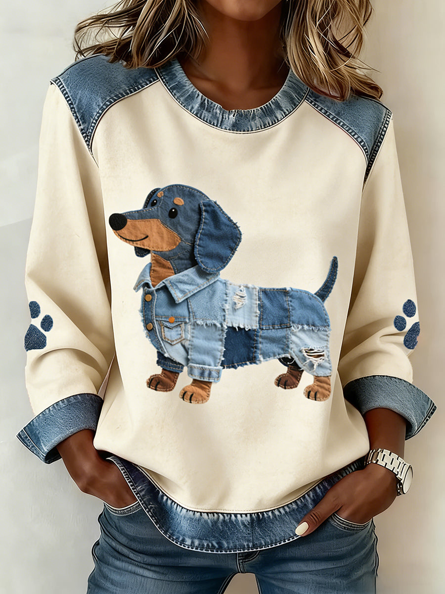 Women’s Dachshund Pattern Denim Patchwork Art Sweatshirt Apricot / S