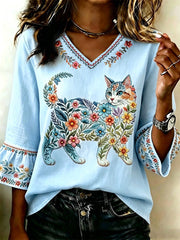 Women's Floral Cats Print Casual Top