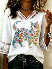 Women's Floral Cats Print Casual Top