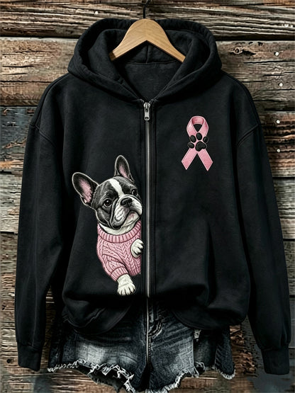 Women's Peeking French Bulldog Pink Ribbon Breast Cancer Awareness Full Zip Hoodie
