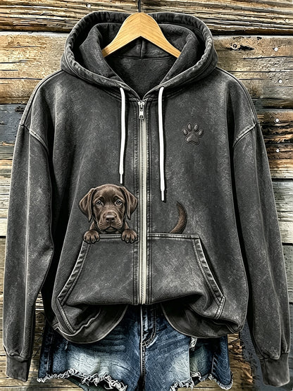 Women's Chocolate Labrador & Paw Print Cozy Zip-Up Hoodie