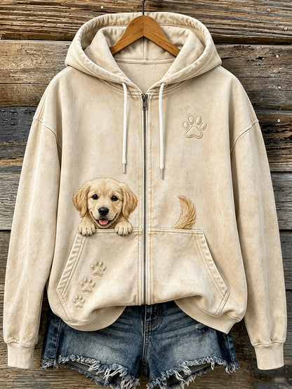 Women's Cute Peeking Golden Retriever & Paws Print Cozy Zip-Up Hoodie