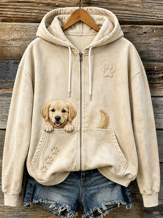 Women's Cute Peeking Golden Retriever & Paws Print Cozy Zip-Up Hoodie