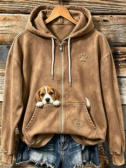 Women's Cute Peeking Beagle & Paw Print Cozy Zip-Up Hoodie