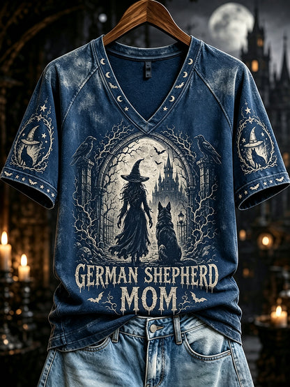 Women's Halloween German Shepherd Mom Witch Print V-neck Short-sleeved T-shirt