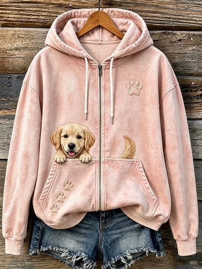 Women's Cute Peeking Golden Retriever & Paws Print Cozy Zip-Up Hoodie