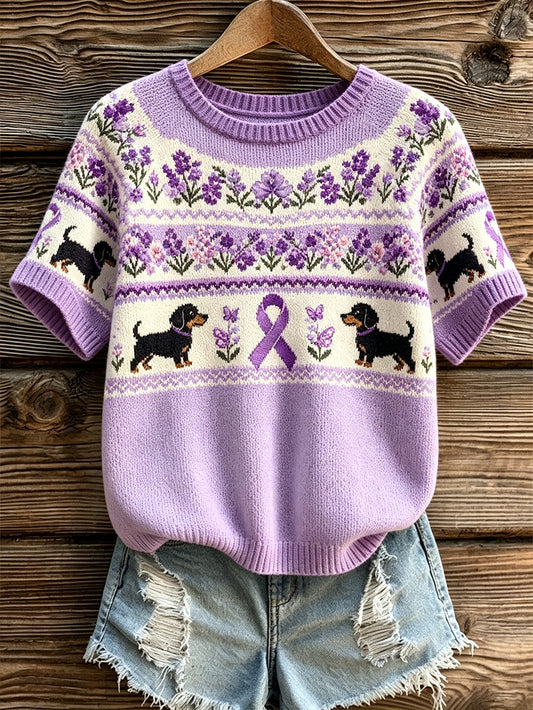 Women's cute dog with purple charity ribbon pattern printed casual short-sleeve knitted top