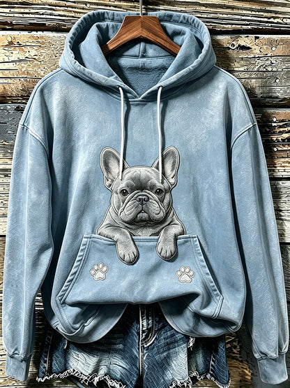 Women's Cute French Bulldog & Paws Print Cozy Hoodie